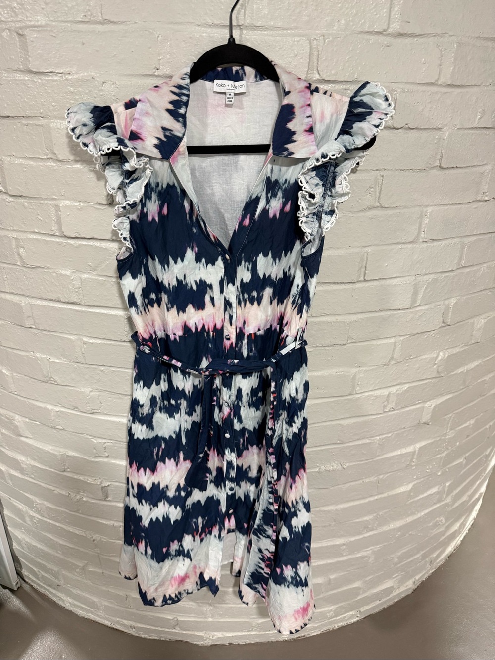 Koko + Mason Navy, White & Pink Tie-Dye Ruffle Sleeve Shirt Dress